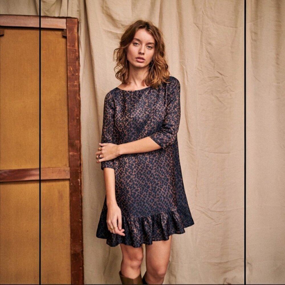 Sezane Auberie Babydoll Dress Size 38 US 6 Blue Gold Ruffle Leopard Drop Waist